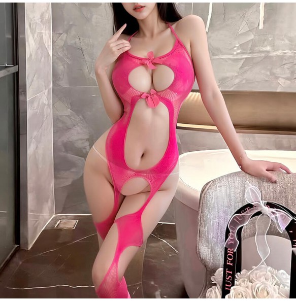 FEE ET MOI - Open Back Hollow-Out Bodystocking (Red Rose)